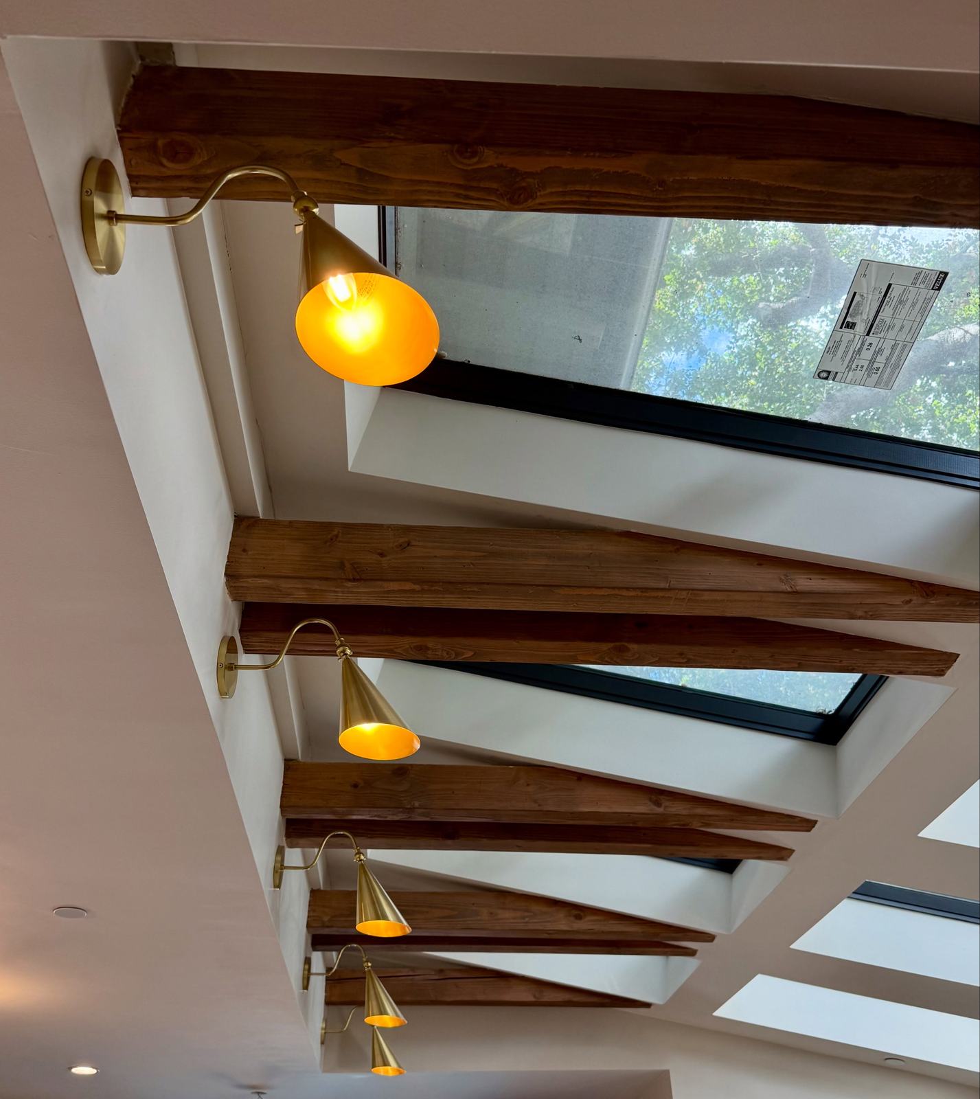 Ceiling with wood beams and skylights