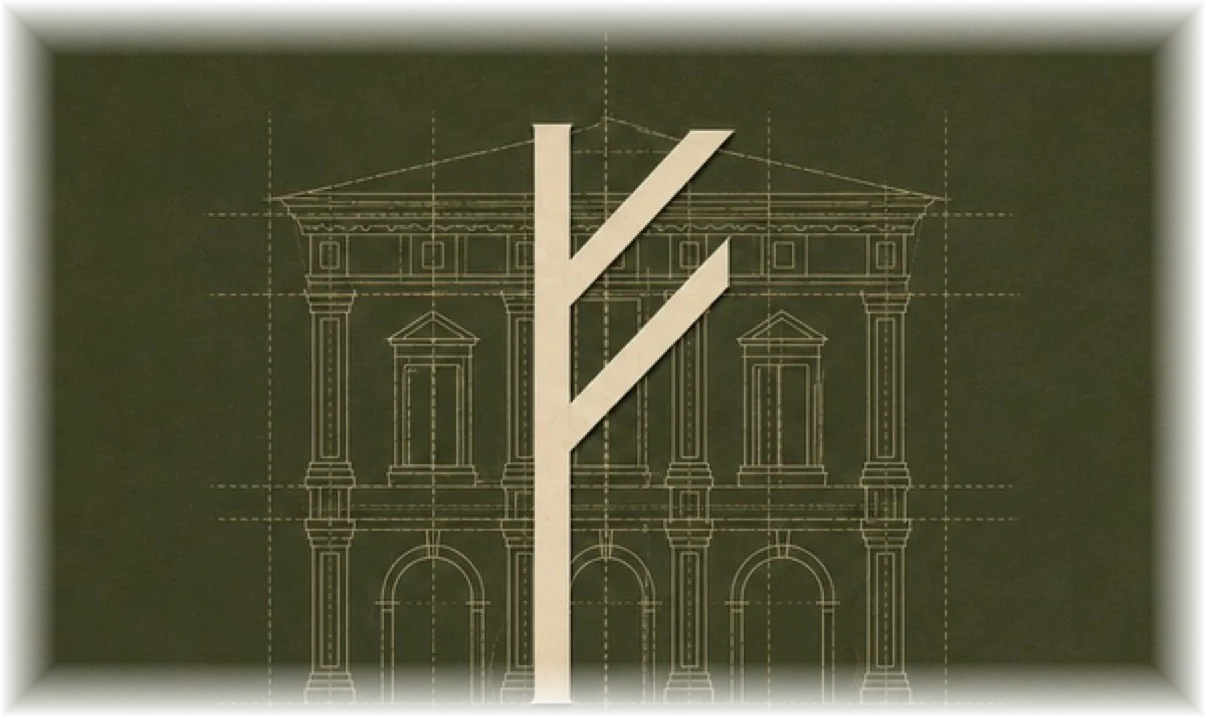 Favoretti Construction, Fehu rune over a classical blueprint