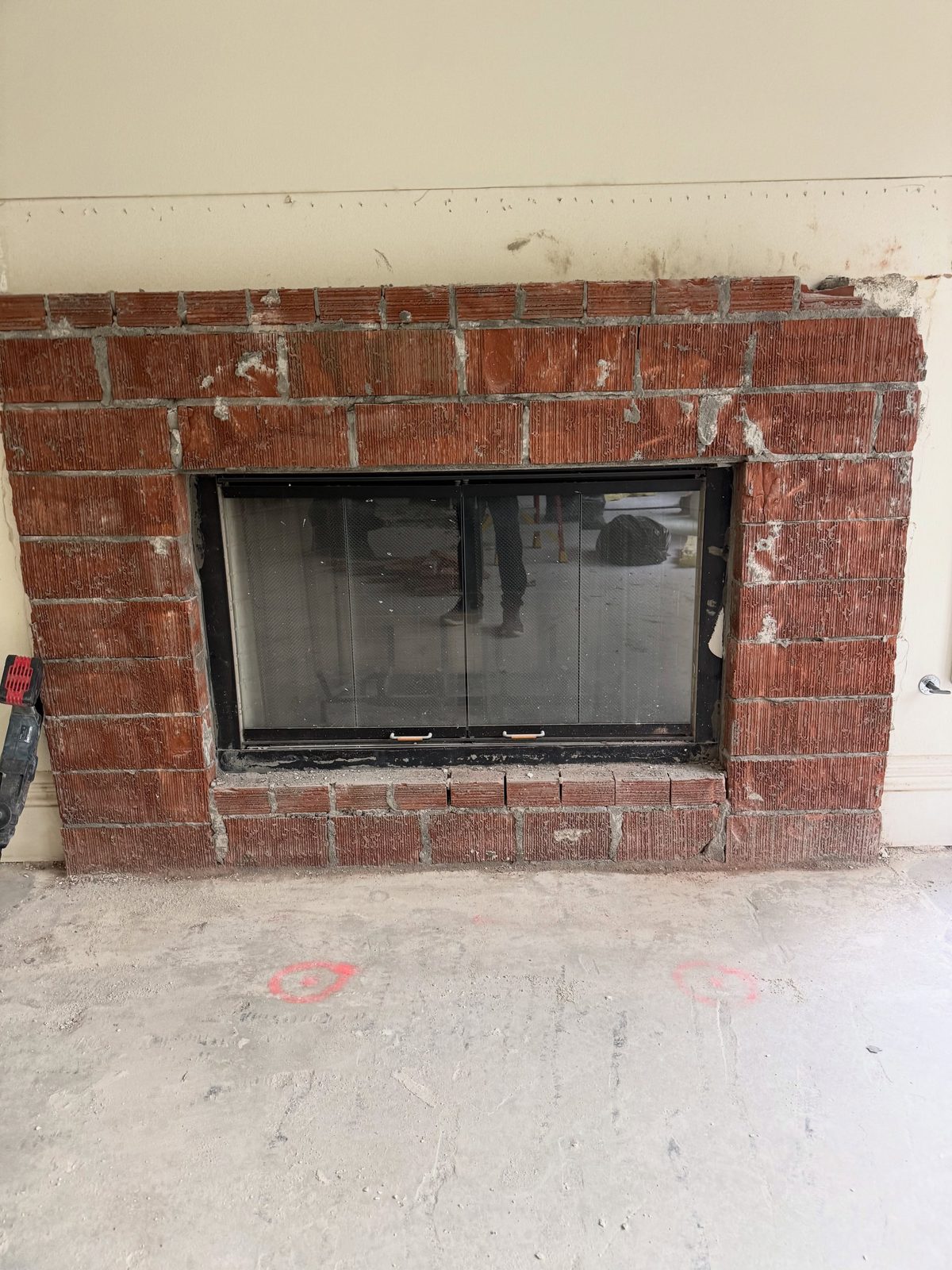 Fireplace remodel before, original brick surround