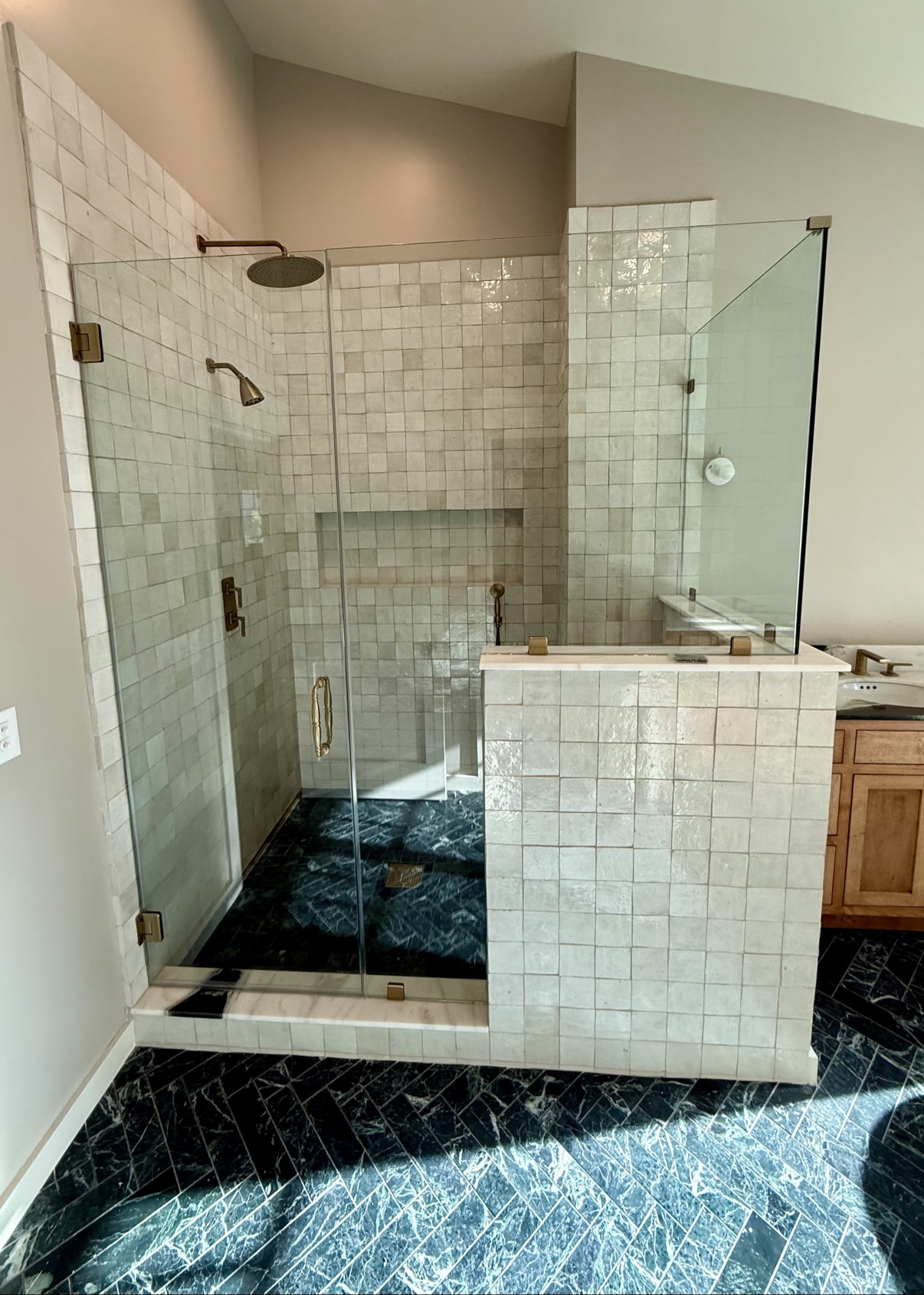 Bathroom remodel, zellige tile shower with brass fixtures